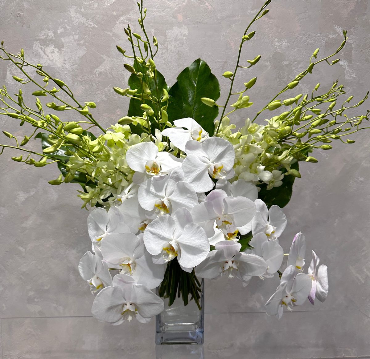 Exotic white orchids in premium arrangement